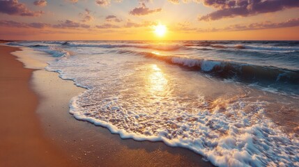 Poster - Beach waves roll onto sandy shore at sunset coastal landscape photography scenic view of ocean water and sky with clouds golden hour light vacation destination