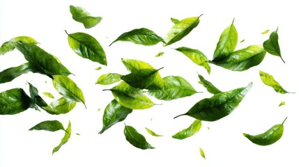 Poster - Green Leaves Floating in Air on White Background Studio Shot Minimalist Style Freshness Purity Nature