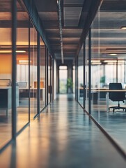 Aufkleber - Modern Office Hallway Perspective with Glass Walls and Concrete Ceiling Interior Design Architecture