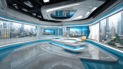 Poster - Modern News Studio Set with City View, Empty Broadcast Room, Futuristic Design, Clean Interior, Wide Angle