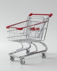 Poster - Shopping cart isolated on white background studio shot retail grocery store consumerism chrome metal red handle