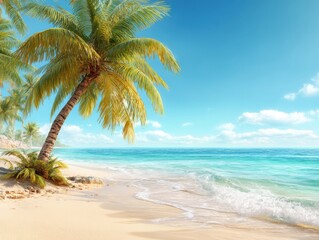 Poster - Palm tree on a tropical beach paradise with turquoise ocean and blue sky idyllic vacation scene landscape