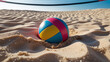 © Fitri Tafae - Colorful volleyball partially buried in golden sand with soft ripples. Volleyball net and clear blue sky in the background, sunlit, minimalistic composition.