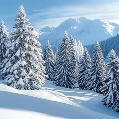 Winter trees in mountains covered with fresh snow