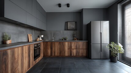 Aufkleber - Contemporary kitchen with gray walls dark tiled floor gray and wooden cabinets built in cooker and sink and large gray refrigerator