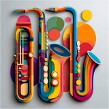 Three Saxophones In Colorful Layered Paper Art Style, Blue Yellow Orange, Modern Music Illustration For Design [with copy space]