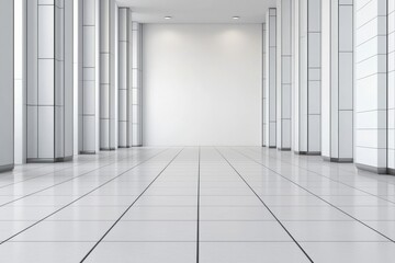 Poster - Sleek gray tiled floor extends into a bright white space, flanked by pillars in a modern, futuristic interior design