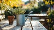 © Heng Kimhong - A single metal watering can placed on a farmâ€™s outdoor table.