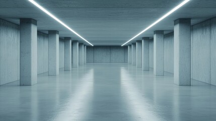 Poster - Empty futuristic underground parking garage with polished concrete pillars and glossy asphalt floor reflecting vibrant led lights in cool blue and gray tones