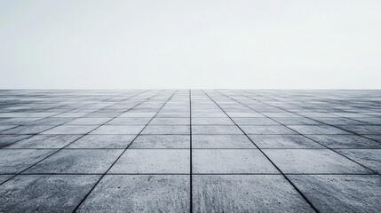 Poster - Vast empty concrete floor seamlessly blending into an endless white sky, creating a sense of innovation and tranquility in a minimalist urban design