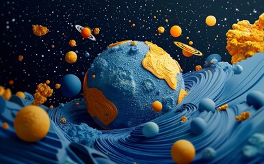 Wall Mural - 3D rendering of the Earth in space with the Sun and stars behind it. Elements of the planet Earth, a collage illustration on a dark blue background. Illustration for a poster or banner,generative ai