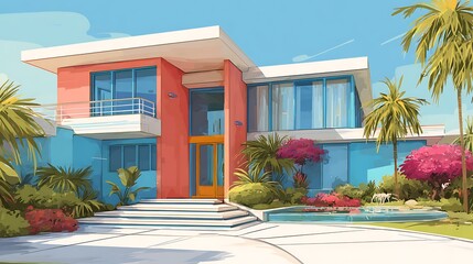 Fototapete - Colorful bungalow luxury villa as modern exterior design architecture concept illustration, fictional building