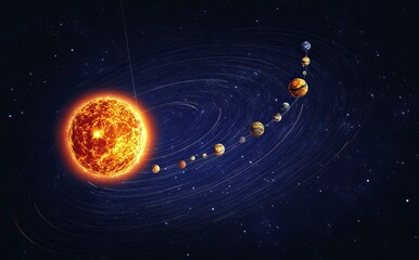 Wall Mural - 3D rendering of the Earth in space with the Sun and stars behind it. Elements of the planet Earth, a collage illustration on a dark blue background. Illustration for a poster or banner,generative ai