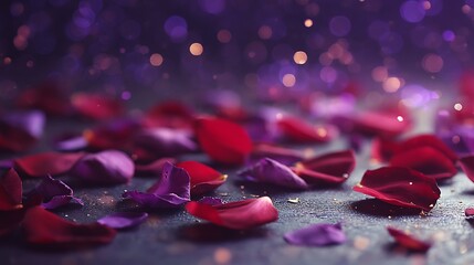 Poster - Close, up of scattered red and purple rose petals with a dreamy purple bokeh effect in the background, conveying romance and elegance