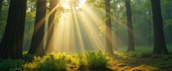 Aufkleber - Sunbeams filtering through a dense forest canopy illuminating lush ferns and moss-covered ground