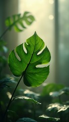 Aufkleber - Close-up of a Monstera Leaf in Natural Sunlight Showing Intricate Veins and Cutouts Against a Softly Lit Background