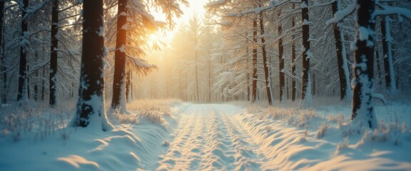 Poster - Winter Forest Path: Sunlight Filtering Through Snow-Covered Trees and a Clear Trail