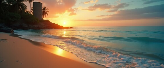 Poster - Serene Beach at Sunset with a Coastal Tower and Gentle Waves Reflecting the Golden Light