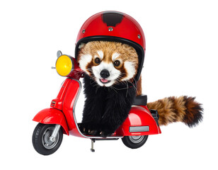  Adorable Red Panda Wearing Helmet on Red Scooter