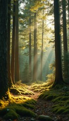 Poster - Sunlight Illuminating Mossy Forest Floor with Towering Trees and a Winding Path
