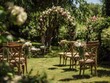 © SurvivAI - Wooden chairs decorated with flowers in a garden wedding ceremony outdoor setting