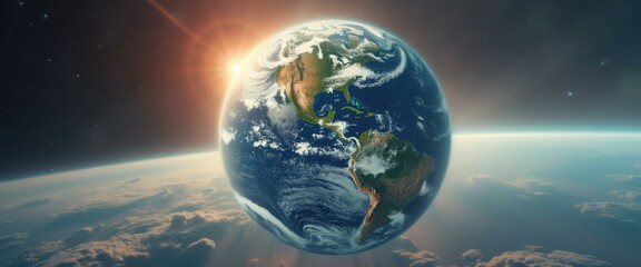Poster - Breathtaking cinematic view of Earth suspended in space, sun flare creating an awe-inspiring scene of beauty, showcasing Earth's a