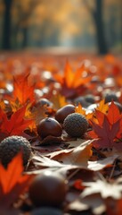 Poster - Autumnal Still Life: Spiky and Smooth Seed Pods Amongst Vibrant Fallen Maple Leaves in a Forest Setting