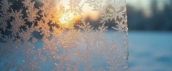 Fototapete - Frosty Window Sunrise: Winter Patterns and Golden Light on Glass