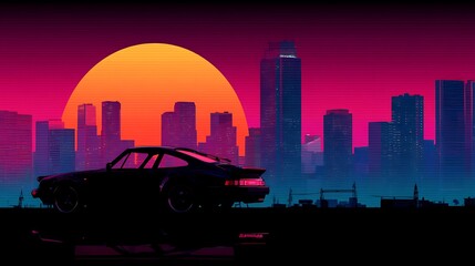 Leinwandbilder - City skyline with car as retro 80s synthwave design illustration