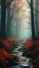 Poster - Tranquil forest stream with mossy rocks and autumnal foliage creates a peaceful and enchanting scene.