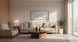 © HeriAfrilianto - Modern Living Room Interior Design with Brown Leather Chair, Beige Sofa and Wooden Wall Panels - 3D Illustration
