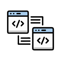 two stylized coding windows representing software development process