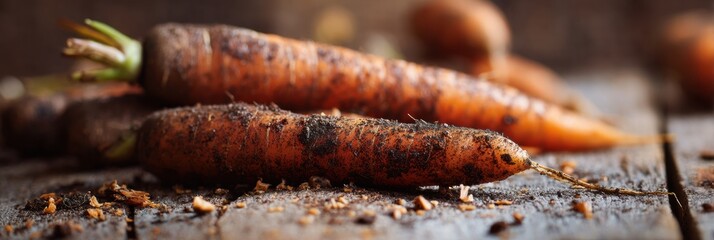 Poster - Freshly Harvested Carrots With Dirt Resting on Wooden Surface, Showcasing Natural Texture and Earthy Colors in a Rustic Setting