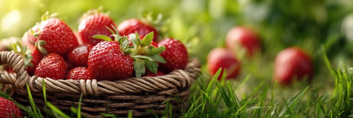 Poster - Freshly Picked Strawberries in a Woven Basket on Green Grass With Space for Text or Design