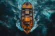 © Graph Art - Aerial view of a cargo ship navigating choppy ocean waters on a cloudy day