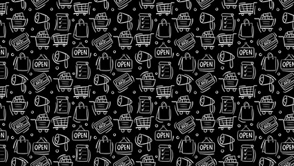 Seamless pattern with shopping elements on black background in doodle style design concept