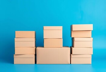 Wall Mural - Neatly stacked cardboard boxes on a blue background,  marketing,  clean background