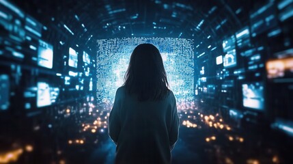 Woman Silhouetted Against a Digital Data Stream