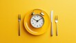 © Дар'я Солтис - Clock on a plate with cutlery on a yellow background. Lack of time concept. Minimalistic banner with colors of the year 2021 - Illuminating and Ultimate Gray