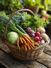 Poster - Fresh Organic Vegetables in a Woven Basket on a Wooden Table With Green Garden Backdrop