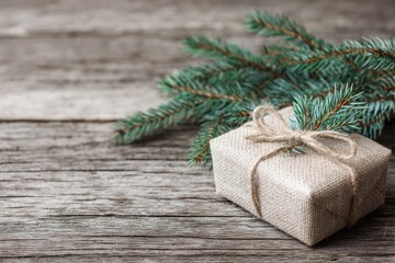 Aufkleber - Christmas Gift Box With Pine Branches Resting on Rustic Wood Table, Inviting Holiday Spirit and Warmth During the Festive Season