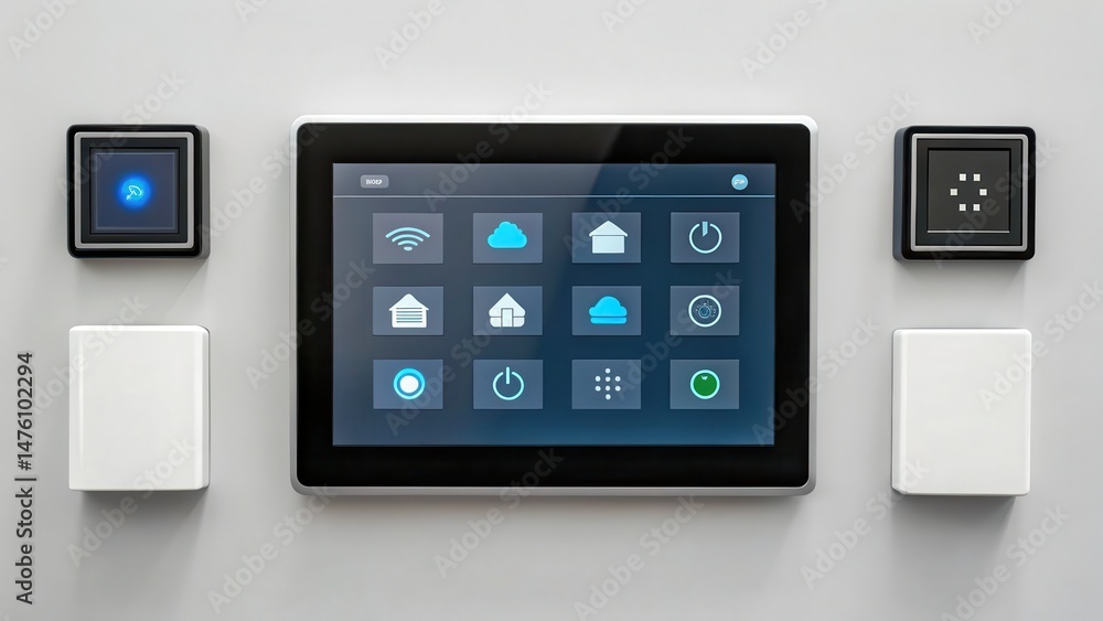 Modern smart home control panel interface with touch screen and wall ...