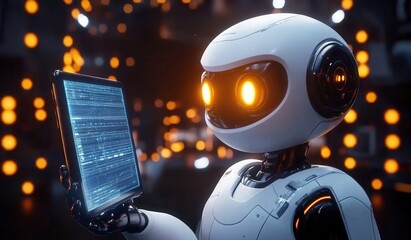 Futuristic Robot Examining Digital Data on Tablet