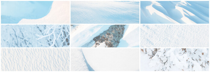 Wall Mural - set of snow textures. a collection of light winter backgrounds including: smooth clean white snow, w