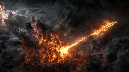 Fototapete - Epic battle of fire and darkness mythical mountain digital art dramatic atmosphere aerial view conflict imagery