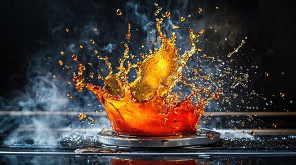 Poster - Dynamic splash of orange liquid captured in kitchen high-speed photography dramatic lighting close-up view