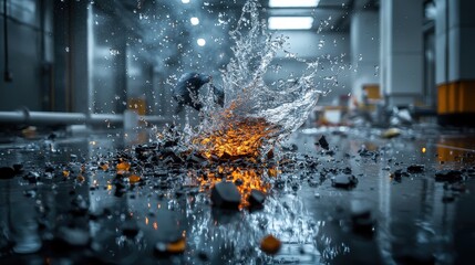 Poster - Water splash action captured in modern industrial setting stunning macro photography dramatic lighting