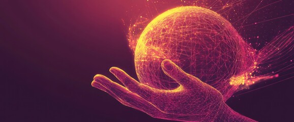 Wall Mural - illuminated digital sphere hovering over hands conveying technology power and global network future 