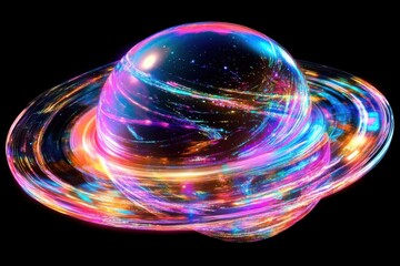 Wall Mural - abstract planet illustration with rings of light on black background digital art concept