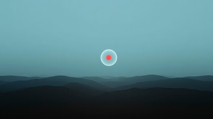 Wall Mural - Minimalist Landscape  Red Dot in a Light Blue Circle Over Dark Mountains